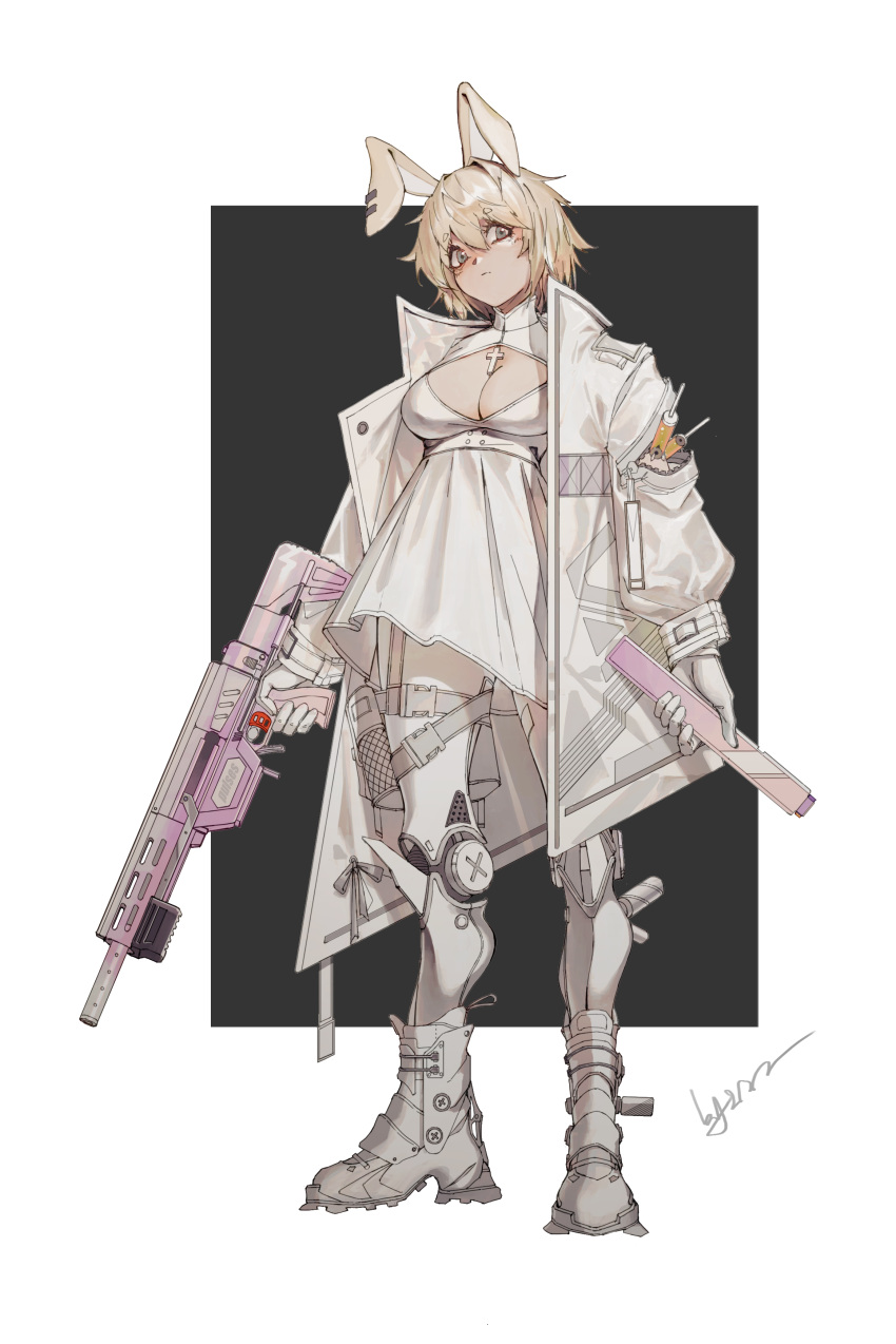 1girl absurdres animal_ear_piercing animal_ears ankle_boots arms_at_sides belt black_background blonde_hair boots border breasts cleavage cleavage_cutout closed_mouth clothing_cutout coat commentary cross dress full_body gloves grey_eyes grey_ribbon gun hair_between_eyes halter_dress halterneck head_tilt highres hikimayu holding holding_gun holding_magazine_(weapon) holding_weapon long_sleeves looking_at_viewer magazine_(weapon) mechanical_legs medium_breasts open_clothes open_coat original outside_border rabbit_ears short_hair signature simple_background solo standing syringe thigh_belt thigh_strap weapon white_belt white_border white_coat white_dress white_footwear white_gloves zipper zipper_pull_tab zuosi_zhichu