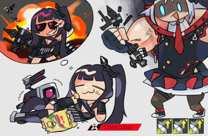 2girls alternate_muscle_size architect_(girls'_frontline) breasts chesed_(uporyz) chibi chips_(food) cleavage closed_mouth collared_shirt commentary_request crushing dinergate_(girls'_frontline) eating explosion food full_body girls'_frontline gun halo highres holding holding_food holding_gun holding_weapon imagining lying mp5_(girls'_frontline) multiple_girls multiple_views muscular necktie non-humanoid_robot on_side open_mouth pantyhose potato_chips red_necktie robot scared shirt sunglasses sweat thought_bubble v weapon white_shirt