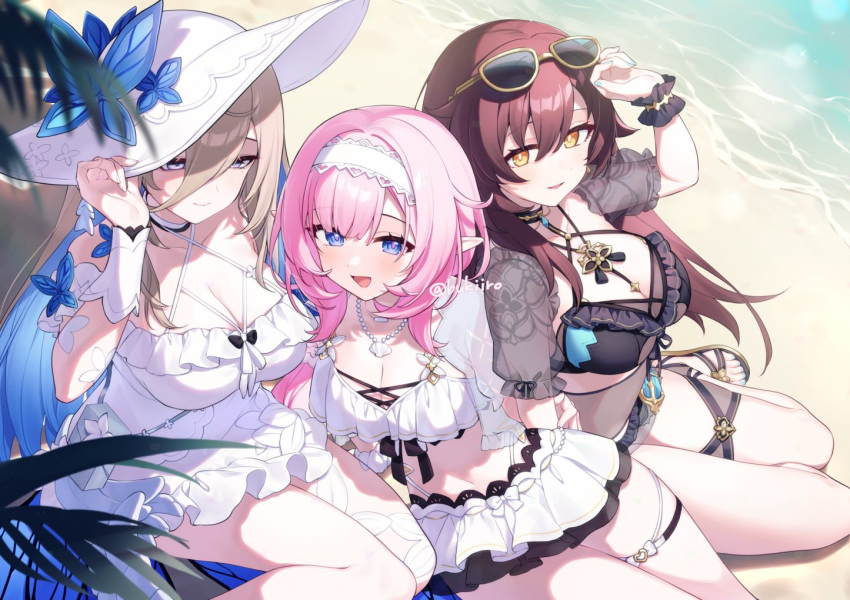 3girls :d aponia_(honkai_impact) arm_up beach bikini black_bikini blue_eyes blue_hair blue_nails breasts brown-framed_eyewear brown_footwear brown_hair cleavage closed_mouth commentary day eden_(honkai_impact) elysia_(honkai_impact) eyewear_on_head frilled_bikini frills hair_between_eyes hat honkai_(series) honkai_impact_3rd large_breasts multicolored_hair multiple_girls nail_polish orange_eyes outdoors pink_hair pointy_ears puffy_short_sleeves puffy_sleeves purple_eyes sand sandals see-through see-through_sleeves short_sleeves smile sun_hat sunglasses swimsuit toenail_polish toenails twitter_username two-tone_hair water white_bikini white_headwear wrist_cuffs yamabukiiro