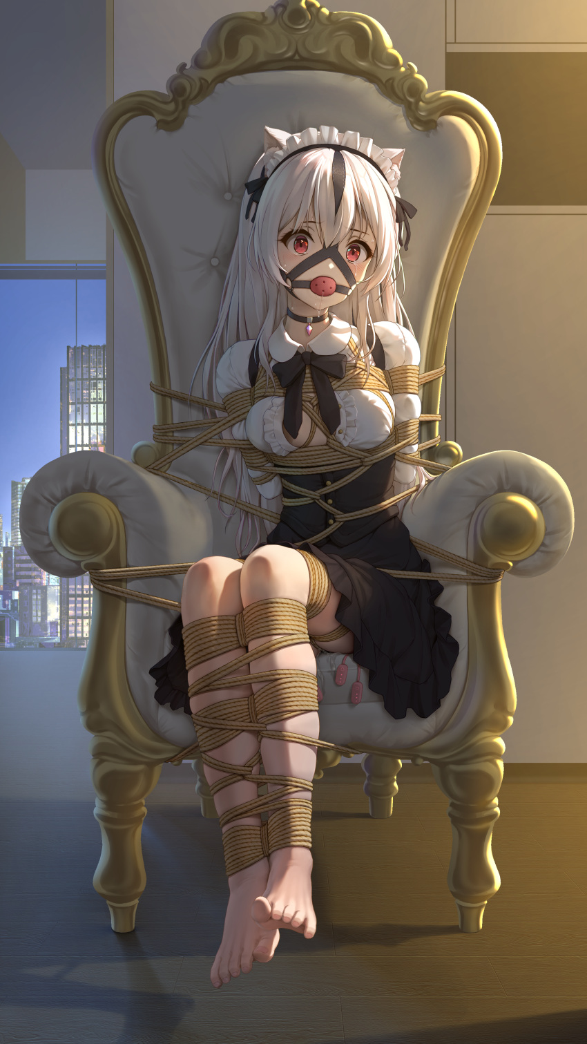 1girl absurdres animal_ears bdsm black_skirt black_vest blush bondage bound breasts cat_ears cityscape closed_mouth corset feet full_body gag gloves gothic_lolita high-waist_skirt highres himitsu_(hi_mi_tsu_2) indoors legs lolita_fashion long_hair long_sleeves looking_at_viewer maid_headdress medium_breasts no_bra no_shoes on_chair open_clothes open_shirt original red_eyes sex_toy shibari shibari_over_clothes shirt sitting skirt smile solo toes very_long_hair vest vibrator white_hair white_shirt