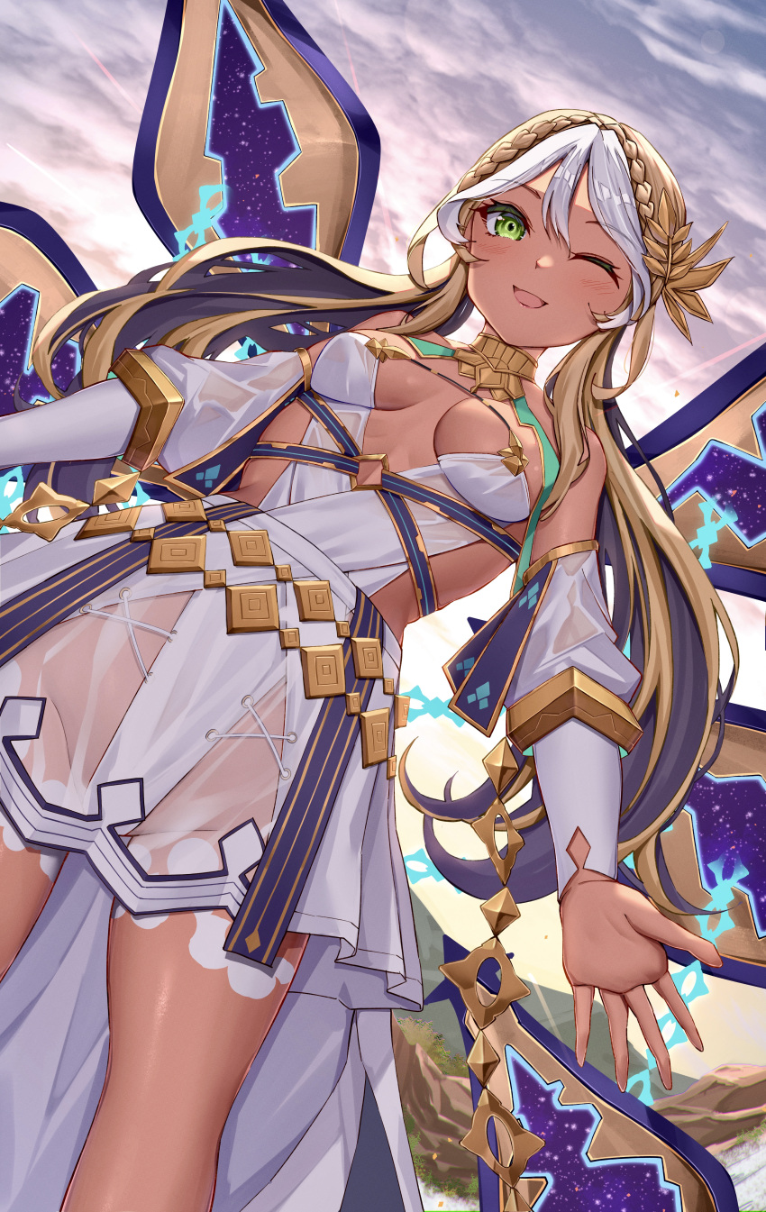 1girl absurdres andromeda_(fate) andromeda_(first_ascension)_(fate) armlet bare_shoulders belly_chain blonde_hair blush braid breasts chain cleavage cloud collar crown_braid cuffs dark-skinned_female dark_skin detached_sleeves dress fate/grand_order fate_(series) gold_teeth green_eyes hair_ornament highres jaws jewelry large_breasts long_hair looking_at_viewer low_twintails metal_collar multicolored_hair one_eye_closed open_mouth shackles short_dress sidelocks sky smile solo thighs toukan twintails two-tone_hair white_dress white_hair
