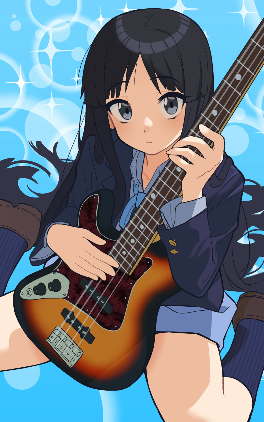 1girl absurdres akiyama_mio bass_guitar black_eyes black_hair blazer blue_background blue_jacket blue_ribbon blue_shirt blue_skirt blue_socks brown_footwear closed_mouth collared_shirt dress_shirt fender_jazz_bass highres holding holding_instrument instrument jacket k-on! kneehighs light_frown loafers long_hair long_sleeves looking_at_viewer looking_up neck_ribbon ribbon sakuragaoka_high_school_uniform school_uniform shirt shoes sitting skirt slammo socks solo sparkle very_long_hair wariza winter_uniform