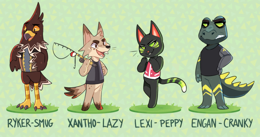 aevris animal_crossing anthro avian beak biped bird canid canine crocodilian domestic_cat engan_(aevris) felid feline felis fishing_rod holding_fishing_rod holding_object lexi_(aevris) male mammal nintendo open_mouth open_smile reptile ryker_(aevris) scalie smile tail xantho_(aevris)