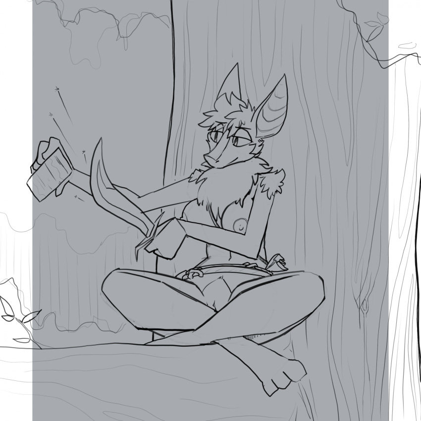 anthro bat breasts clitoris crossed_legs dagger female genitals hi_res mammal melee_weapon nipples plant pussy sharpening_stone sharpening_weapon sitting sketch solo topazknight tree weapon