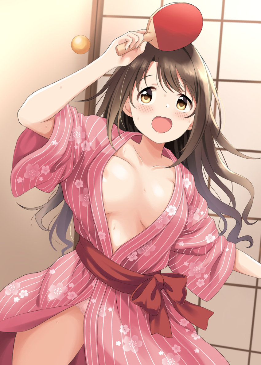 1girl :o ball bath_yukata blush breasts breasts_apart brown_hair collarbone dekosuke highres idolmaster idolmaster_cinderella_girls indoors japanese_clothes kimono large_breasts no_bra paddle panties panty_peek pink_kimono pink_panties red_sash sash shimamura_uzuki solo striped_clothes striped_kimono sweat table_tennis table_tennis_ball table_tennis_paddle underwear vertical-striped_clothes vertical-striped_kimono yukata