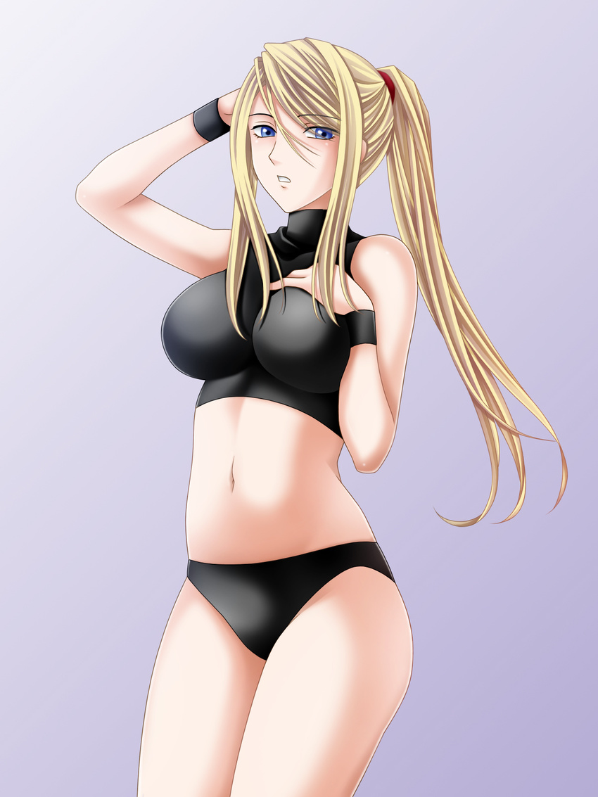 bangs blonde_hair blue_eyes breasts crop_top female gradient gradient_background highres large_breasts metroid navel panties ponytail samus_aran solo standing tamamon underwear