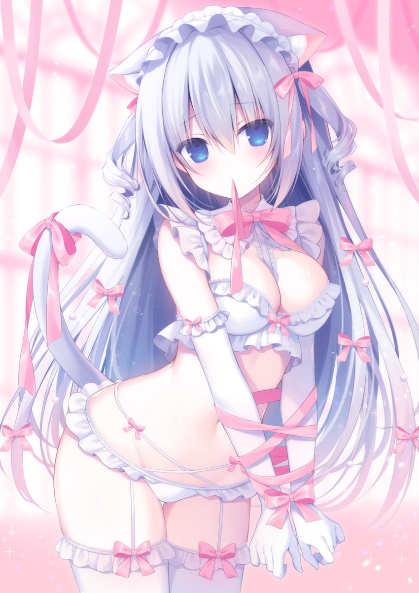 1girl animal_ear_fluff animal_ears between_breasts blue_eyes blurry blurry_background blush bow bra breasts cat_ears cat_girl cat_tail commentary_request depth_of_field elbow_gloves frilled_bra frilled_hairband frilled_panties frilled_thighhighs frills gloves grey_hair groin hair_between_eyes hairband hasune highres long_hair medium_breasts mouth_hold navel original panties pink_bow pink_ribbon ribbon ribbon_in_mouth solo tail thighhighs two_side_up underwear underwear_only very_long_hair white_bra white_gloves white_hairband white_panties white_thighhighs