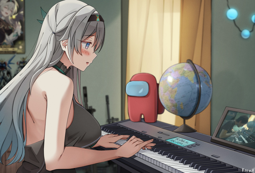 1girl among_us backless_outfit bare_arms bare_shoulders black_hairband breasts commentary crewmate_(among_us) firefly_(honkai:_star_rail) globe grey_hair hairband highres honkai:_star_rail honkai_(series) indoors instrument keenh keyboard_(instrument) large_breasts long_hair parted_lips purple_eyes solo upper_body very_long_hair