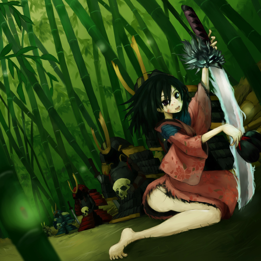 armor bamboo bamboo_forest barefoot black_hair blood blood_on_face dirty forest grass japanese_clothes katana kimono nature no_panties senhappyaku solo sword torn_clothes weapon
