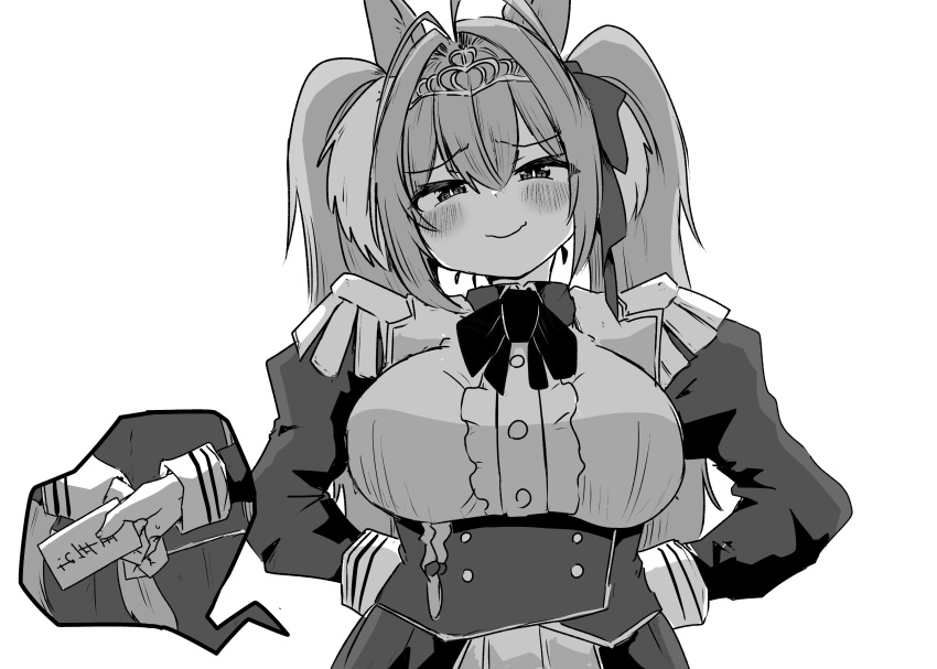 1girl absurdres animal_ears arms_behind_back blush bow bowtie breasts bright_pupils buttons center_frills daiwa_scarlet_(umamusume) double-breasted double-parted_bangs envelope epaulettes framed_breasts frills greyscale hair_between_eyes hair_intakes hair_ribbon highres holding holding_envelope horse_ears horse_girl jacket large_breasts lone_nape_hair long_hair long_sleeves looking_at_viewer monochrome otoshidama poyo_(hellmayuge) ribbon simple_background solo sweatdrop tiara twintails umamusume underbust upper_body white_background