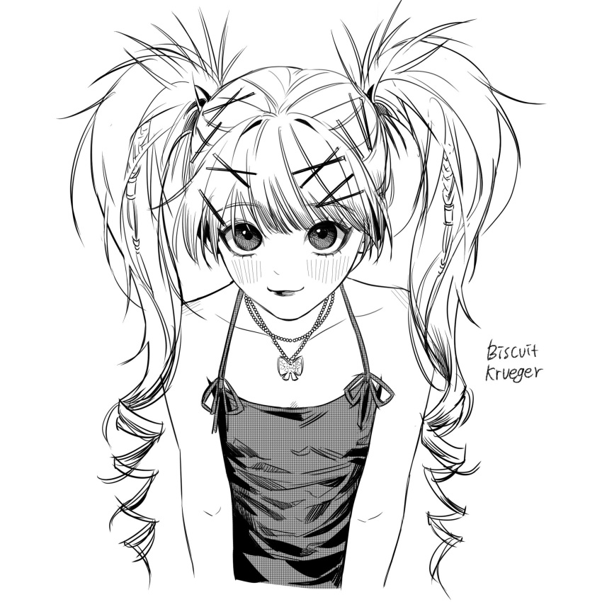 1girl alternate_hairstyle bare_shoulders biscuit_krueger blush braid character_name closed_mouth collarbone commentary_request drill_hair greyscale hair_ornament hair_tubes hairclip halterneck highres hunter_x_hunter jewelry killua0u0 korean_commentary lipstick long_hair looking_at_viewer makeup monochrome necklace simple_background sleeveless smile solo twin_braids twin_drills twintails upper_body x_hair_ornament