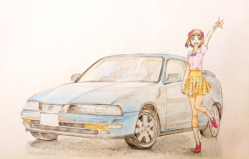 1girl :d amami_haruka arm_up blue_car bow bowtie brown_hair car collared_shirt commentary cwind eyelashes full_body green_eyes hair_bow highres honda honda_prelude idolmaster idolmaster_(classic) idolmaster_million_live! idolmaster_million_live!_theater_days looking_at_viewer motor_vehicle open_mouth pink_bow pink_bowtie pink_footwear pink_shirt plaid plaid_skirt shirt short_hair short_sleeves simple_background skirt smile solo standing standing_on_one_leg traditional_media vehicle_focus white_footwear yellow_skirt