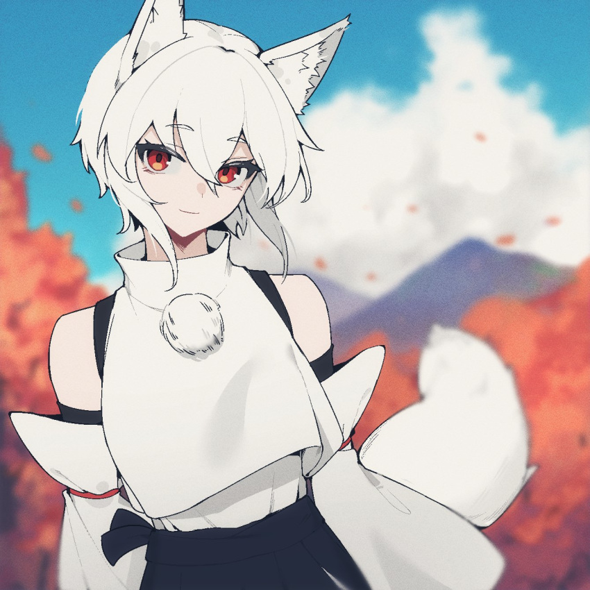 1641_(chfhrtor94) 1girl animal_ears autumn bare_shoulders blue_sky blurry blurry_background cloud detached_sleeves highres inubashiri_momiji looking_at_viewer red_eyes short_hair sidelocks sky smile solo tail touhou white_hair wolf_ears wolf_girl wolf_tail youkai_mountain