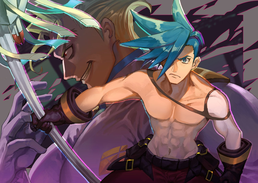 1boy 2boys abs asymmetrical_hair black_gloves blonde_hair blue_eyes blue_hair evil_grin evil_smile galo_thymos gloves grin hair_over_one_eye kray_foresight male_focus matoi multiple_boys muscular muscular_male ohji130 pants pectorals promare red_eyes red_pants shirt short_hair sidecut smile spiked_hair topless_male undercut