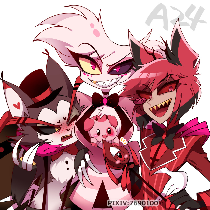 3boys alastor_(hazbin_hotel) angel_dust animal_ears animal_nose animification antlers arm_around_waist black_bow black_bowtie black_choker black_gloves black_hair black_headwear black_pants black_sclera black_wings blush bow bowtie cat_boy choker coat colored_sclera colored_skin deer_antlers deer_boy deer_ears extra_arms fat_nuggets furry furry_male gloves gold_teeth grey_skin grin group_hug hand_on_another's_hip hand_on_another's_shoulder hand_up hat hazbin_hotel highres holding holding_microphone horns hug husk_(hazbin_hotel) jacket long_sleeves male_focus menattou microphone mismatched_sclera monocle monster_boy multicolored_hair multicolored_wings multiple_boys notice_lines open_mouth pants pig pink_gloves pink_jacket pixiv_id red-tinted_eyewear red_bow red_bowtie red_coat red_eyes red_hair red_sclera red_shirt red_wings sharp_teeth shirt simple_background smile striped_clothes striped_coat striped_jacket sweat teeth tinted_eyewear top_hat traditional_bowtie two-tone_fur two-tone_hair two-tone_wings vertical-striped_coat vintage_microphone watermark white_background white_fur white_gloves wings yellow_eyes yellow_sclera yellow_teeth