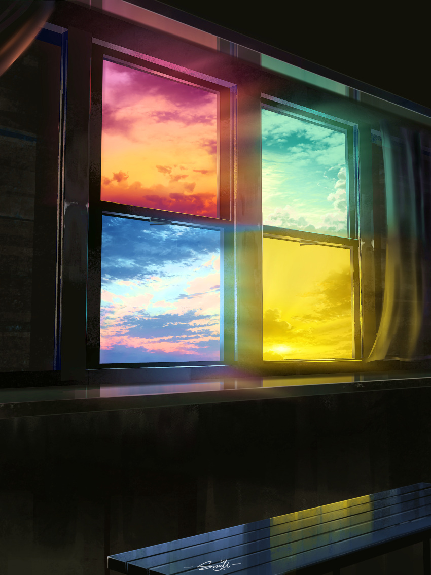 absurdres artist_name bench cloud commentary_request highres indoors no_humans original partial_commentary scenery sky smile_(qd4nsvik) window