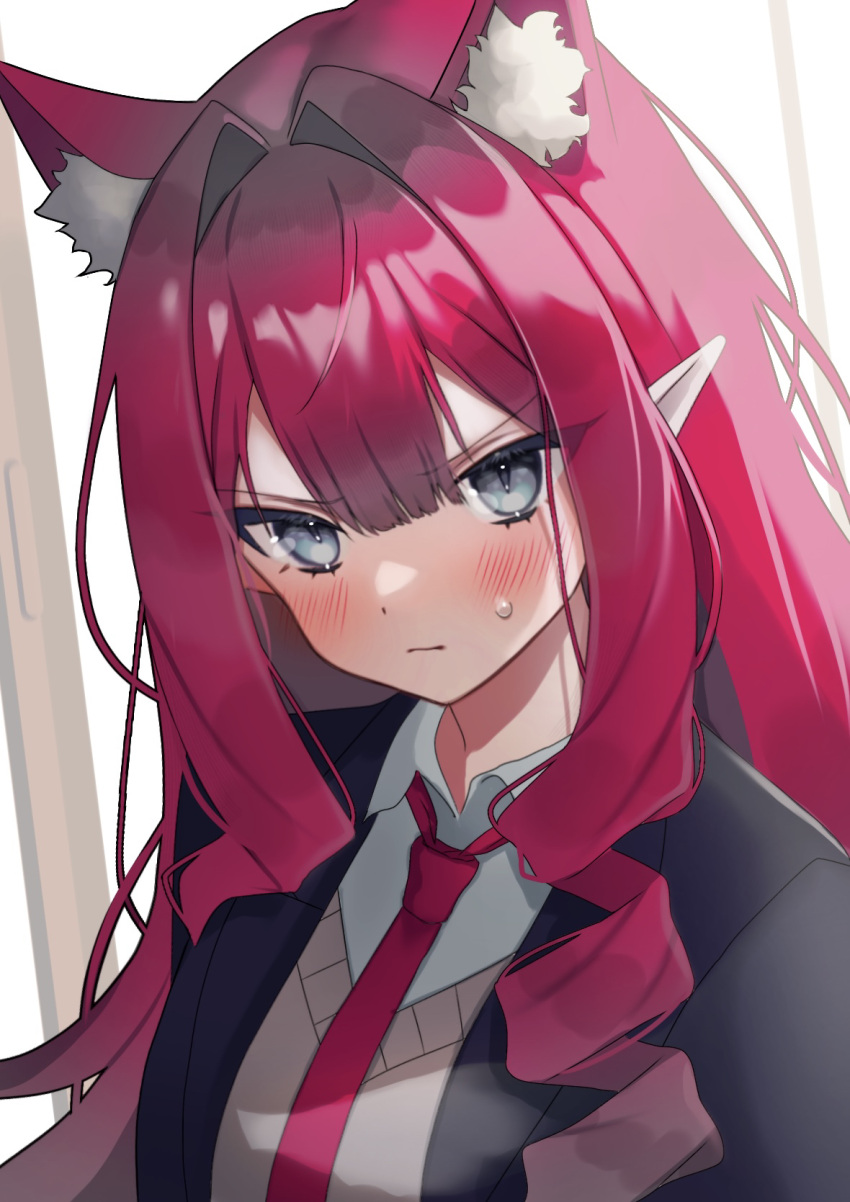 1girl animal_ear_fluff animal_ears baobhan_sith_(fate) black_jacket blush breasts cat_ears collared_shirt fate/grand_order fate_(series) grey_eyes grey_sweater highres jacket katashiro large_breasts long_hair long_sleeves looking_at_viewer necktie pink_hair pointy_ears shirt sidelocks solo sweater white_shirt