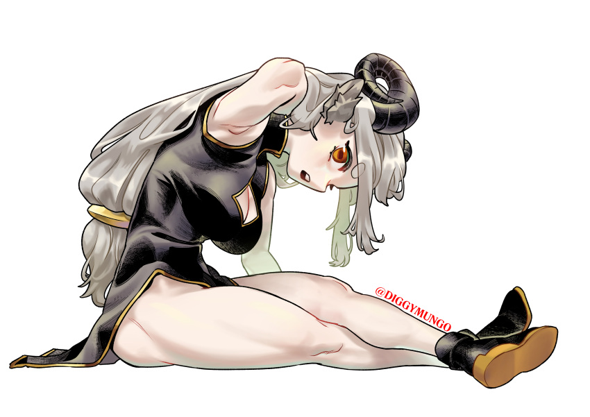 1girl absurdres animal_ears arm_up armpits artist_name ass black_dress black_footwear black_horns bolt_(min_lona) borrowed_character breasts china_dress chinese_clothes cleavage cleavage_cutout clothing_cutout commentary curled_horns diggymungo dress full_body goat_ears goat_horns grey_hair highres horizontal_pupils horns long_hair looking_at_viewer medium_breasts muscular muscular_female open_mouth original pointy_ears rectangular_pupils shoes simple_background sitting sleeveless sleeveless_dress solo symbol-only_commentary teeth thighs upper_teeth_only very_long_hair white_background yellow_eyes