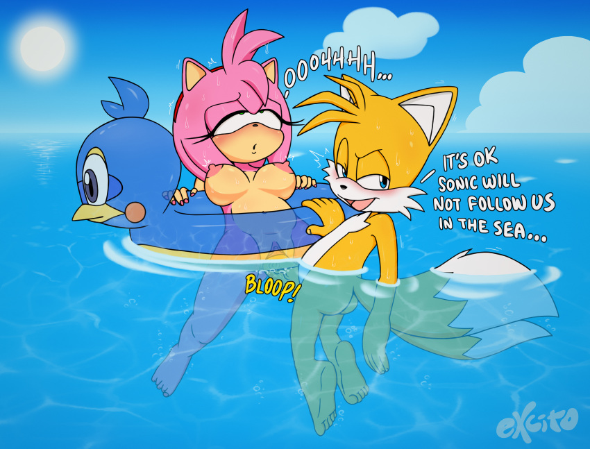amy_rose breasts cheating_girlfriend excito flicky floatie genitals hi_res inflatable miles_prower onomatopoeia orgasm_face partially_submerged penis public public_sex pussy sea sega sex sonic_the_hedgehog_(series) sound_effects text vaginal water