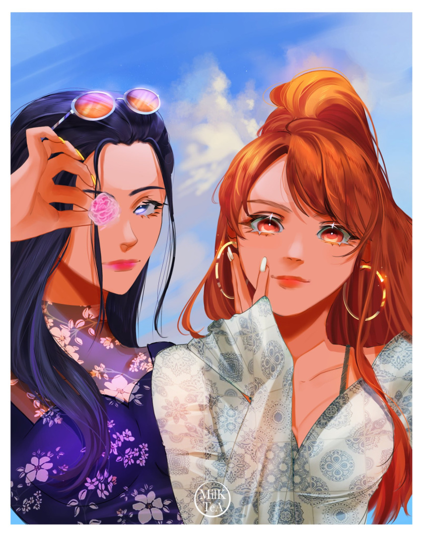 2girls arabic_commentary black_hair blue_eyes commentary earrings eyewear_on_head floral_print flower hand_on_own_cheek hand_on_own_face high_ponytail highres holding holding_flower jewelry light_smile long_hair looking_at_viewer milktea_tq multiple_girls nami_(one_piece) nico_robin one_piece orange_eyes orange_hair pink_lips ponytail purple_shirt shirt sky upper_body watermark white_nails yellow_nails