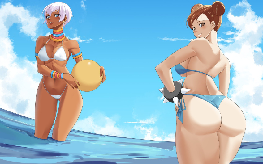 2girls ass beach bikini breasts chun-li clear_sky dark-skinned_female dark_skin elena_(street_fighter) highres huge_ass large_breasts multiple_girls ocean sky sorabluesky street_fighter swimsuit thick_thighs thighs