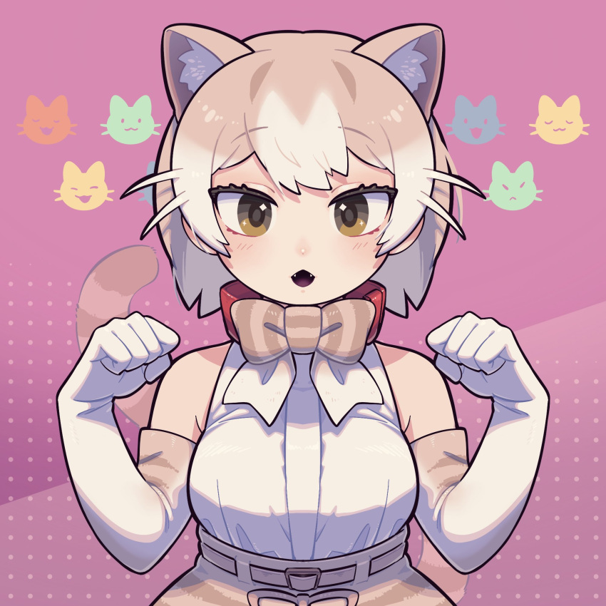 1girl :&lt; an-chan_(ananna0315) animal_ears animal_print bare_shoulders bow bowtie cat_(kemono_friends) cat_ears cat_girl cat_print collar cowboy_shot elbow_gloves extra_ears fangs gloves hair_between_eyes high-waist_skirt highres kemono_friends light_brown_hair open_mouth paw_pose print_bow print_bowtie print_gloves print_skirt red_collar shirt short_hair sidelocks skirt sleeveless solo white_gloves white_hair white_shirt yellow_eyes