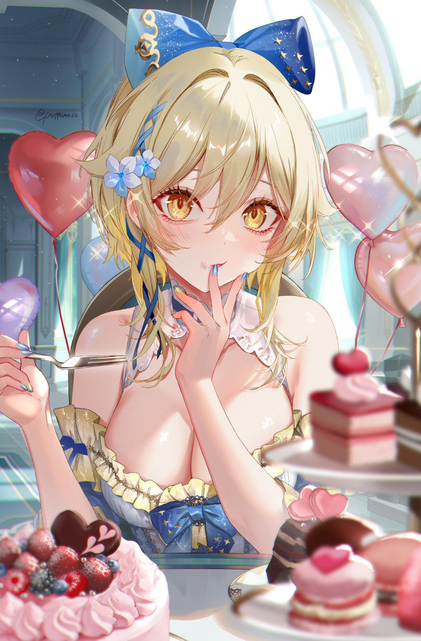 1girl absurdres alternate_costume balloon bare_shoulders blonde_hair blue_bow blue_nails bow breasts cake commentary_request food fork genshin_impact hair_bow hands_up heart_balloon highres holding holding_fork large_breasts long_hair looking_at_viewer lumine_(genshin_impact) macaron nail_polish off-shoulder_shirt off_shoulder pottsness shirt short_sleeves solo upper_body yellow_eyes