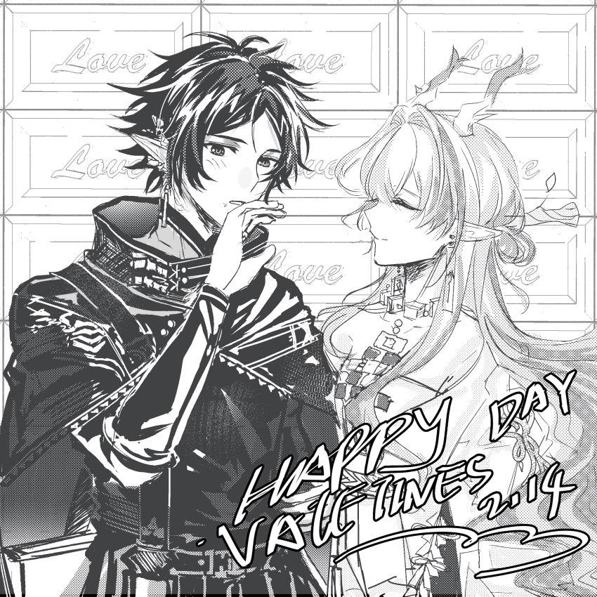 1boy 1girl absurdres arknights bare_shoulders capelet character_request check_character chinese_commentary closed_eyes closed_mouth commentary_request dragon_girl dragon_horns greyscale halftone hand_to_own_mouth hand_up happy_valentine high_collar highres horns jewelry long_hair long_sleeves looking_down monochrome necklace off_shoulder parted_lips pointy_ears profile shirt short_hair shu_(arknights) smile strapless tube_top upper_body valentine xinjinjumin_(triangle-029) zuo_le_(arknights)