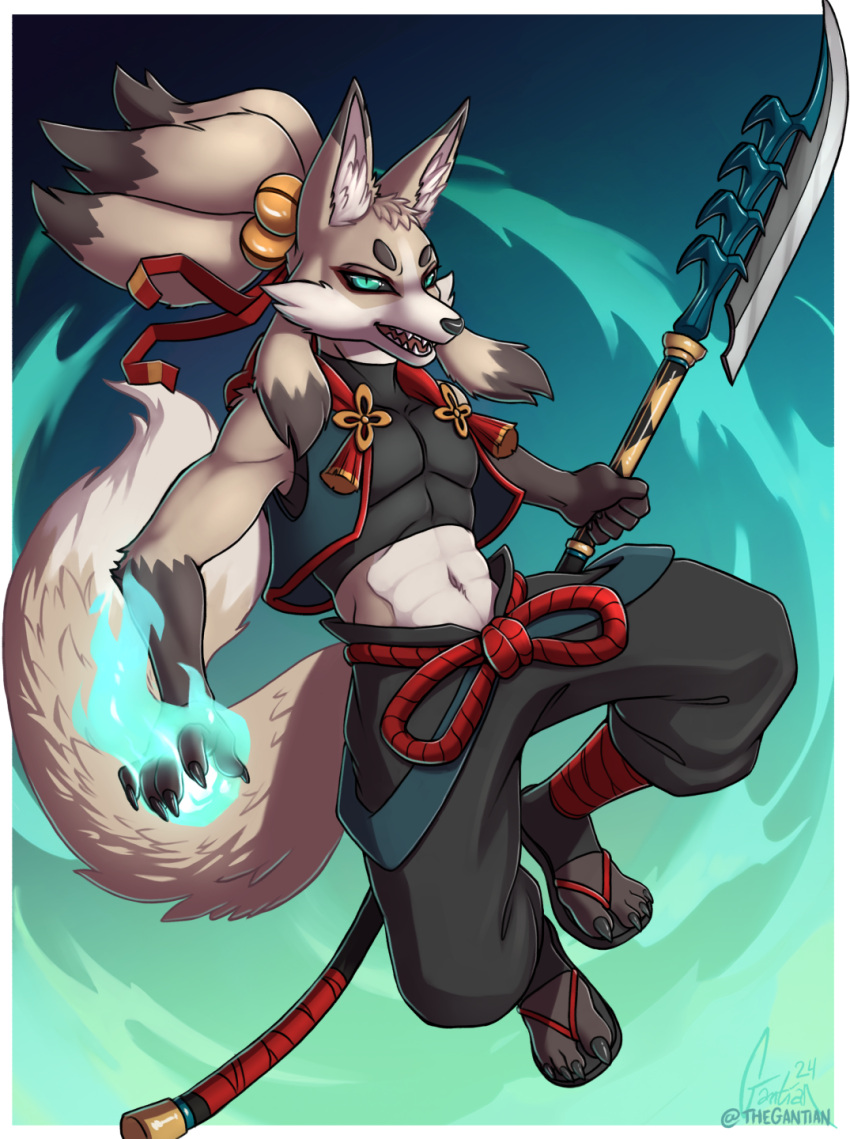 anthro bell belt canid canine clothed clothing fire fireball fluffy fluffy_tail footwear fox genji hi_res holding_object holding_weapon jumping leg_wraps male mammal melee_weapon midriff naginata navel ninja open_clothing open_topwear pecs polearm ribbons rope rope_belt sandals solo tail tassels thegantian topwear warrior weapon wraps