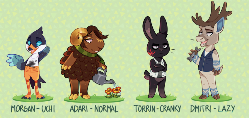 adari_(aevris) aevris animal_crossing anthro antlers avian beak biped bird bovid caprine clothed clothing deer dmitri_(aevris) feathers flower fur holding_object holding_tool holding_wrench horn lagomorph leporid male mammal morgan_(aevris) nintendo open_mouth open_smile plant rabbit scut_tail sheep short_tail smile tail tools torrin_(aevris) wool_(fur) wrench