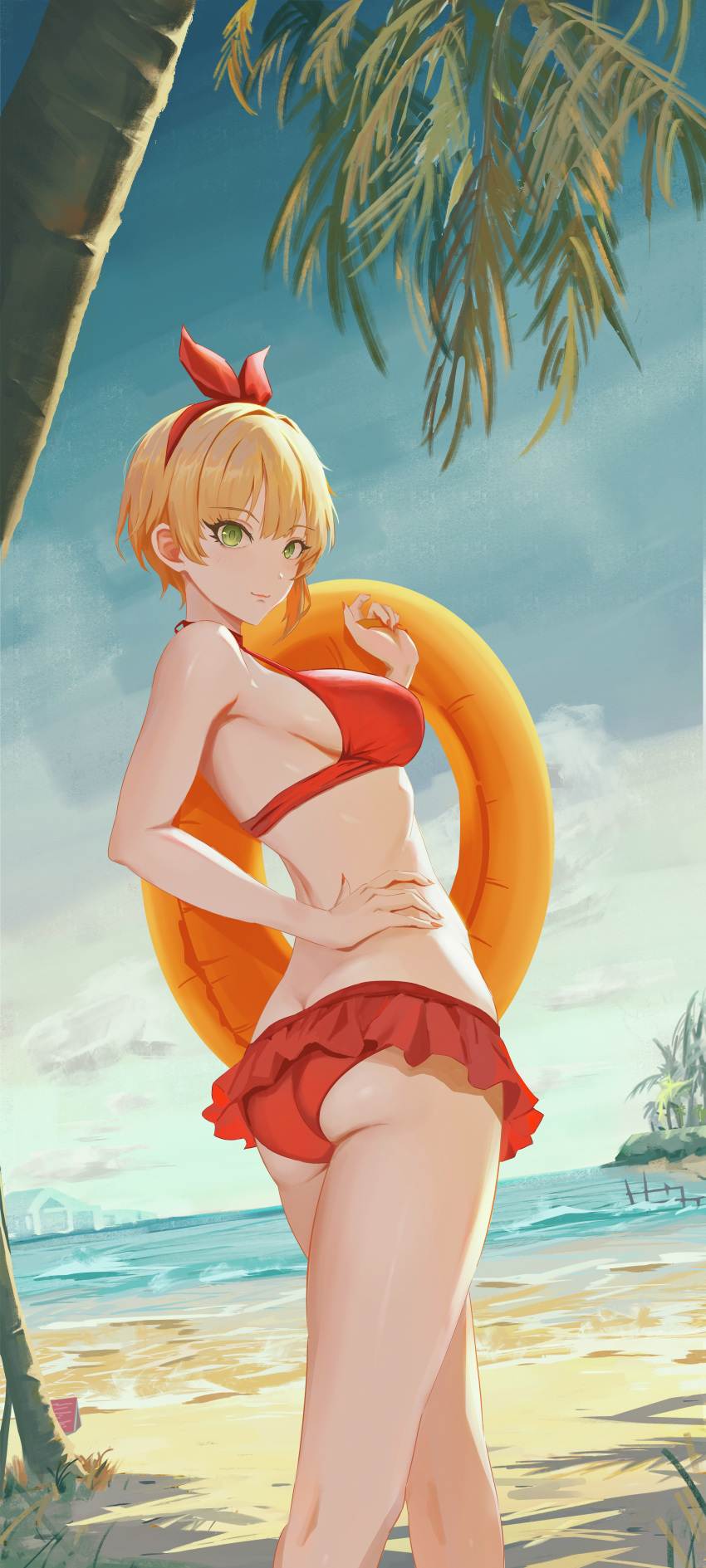 1girl absurdres ass bare_shoulders bikini blonde_hair breasts buoy frilled_skirt frills green_eyes hand_on_own_hip highres idolmaster idolmaster_cinderella_girls looking_at_viewer looking_back medium_breasts miyamoto_frederica qingli_ye red_bikini short_hair sideboob skirt smile solo swimsuit thighs