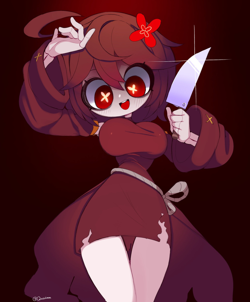 1girl absurdres ahoge breasts brown_background brown_hair brown_robe cowboy_shot detached_sleeves emi_(gazericc) flower-shaped_pupils gazericc hair_ornament highres holding holding_knife knife large_breasts long_sleeves messy_hair open_mouth original red_eyes red_light robe rope short_hair skeletal_arm skeletal_hand symbol-shaped_pupils thighs twitter_username wide_hips