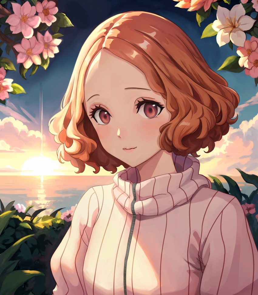 1girl absurdres blush brown_eyes brown_hair cloud flower foliage highres horizon light_blush light_smile looking_at_viewer ocean okumura_haru outdoors persona persona_5 pigsir13152 pink_sweater plant short_hair sky smile solo sun sunrise sweater water