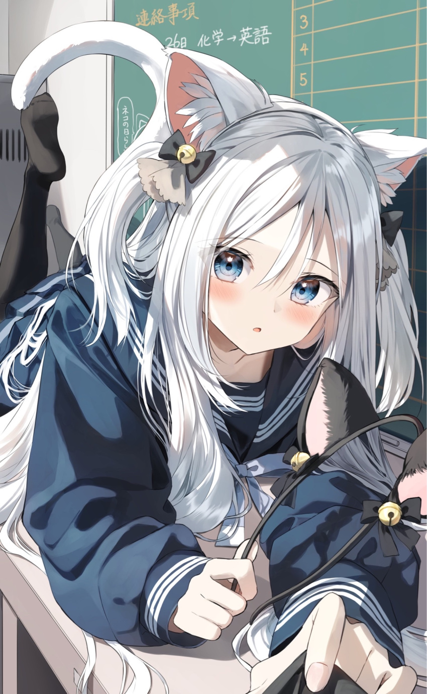 1girl :o animal_ear_fluff animal_ear_hairband animal_ears black_pantyhose blue_eyes blue_sailor_collar blue_serafuku blue_shirt blue_skirt blush cat_day cat_ear_hairband cat_ears cat_girl cat_symbol cat_tail chalkboard collarbone commentary_request desk fake_animal_ears hair_between_eyes hairband highres indoors kemonomimi_mode long_hair long_sleeves looking_at_viewer lying neck_ribbon no_shoes on_desk open_mouth original pantyhose pentagon_(railgun_ky1206) pleated_skirt ribbon sailor_collar school_uniform serafuku shirataki_mayu shirt skirt sleeves_past_wrists solo tail translation_request two_side_up white_hair white_ribbon