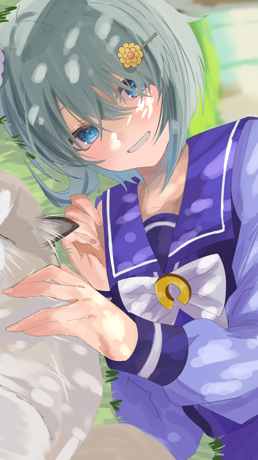 1girl absurdres animal animal_ears blue_eyes bow cat cat_ears grey_hair hair_between_eyes hair_ornament hairclip highres holding holding_animal holding_cat horse_ears horse_girl kirameki_(rikukaikuu) long_sleeves looking_at_viewer school_uniform seiun_sky_(umamusume) shirt short_hair smile tail tracen_school_uniform umamusume whiskers