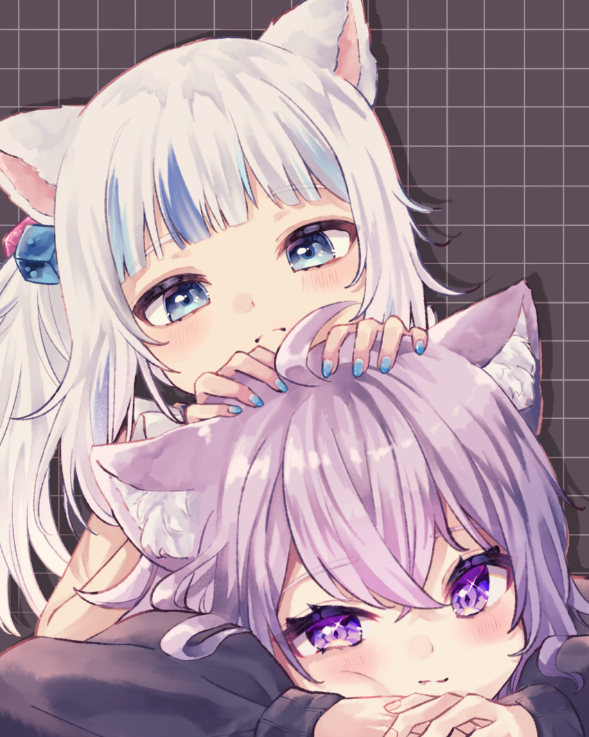 2girls absurdres animal_ear_fluff animal_ears blue_eyes blue_hair blue_nails blush cat_ears cat_girl cube_hair_ornament gawr_gura gawr_gura_(casual) hair_ornament hand_on_another's_head highres hololive hololive_english hood hoodie looking_at_viewer medium_hair multicolored_hair multiple_girls nail_polish nekomata_okayu nekomata_okayu_(1st_costume) official_alternate_costume purple_eyes purple_hair purple_hoodie shirt side_ponytail smile streaked_hair virtual_youtuber white_hair white_shirt wsakuraw