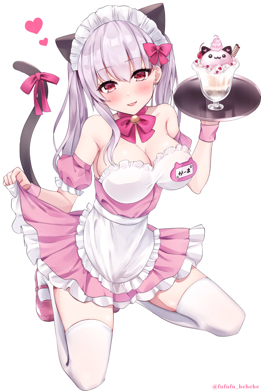 1girl absurdres animal_ears apron blush breasts cat_day cat_ears cat_tail cleavage detached_sleeves dress fate/grand_order fate_(series) fufufu_hehehe hair_ornament highres holding holding_tray kama_(fate) kneeling large_breasts long_hair looking_at_viewer maid maid_apron maid_headdress neck_ribbon off-shoulder_dress off_shoulder parfait pink_dress pink_footwear puffy_sleeves red_eyes ribbon solo tail thighhighs tray twintails white_thighhighs