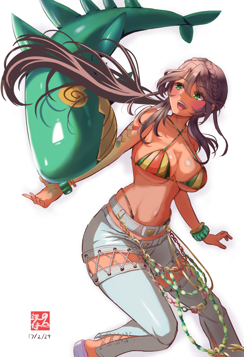 1girl absurdres andromeda_(fate) andromeda_(second_ascension)_(fate) bare_shoulders bikini bikini_under_clothes blush bracelet braid breasts brown_hair chain cleavage criss-cross_halter cross-laced_clothes crown_braid dark-skinned_female dark_skin denim fate/grand_order fate_(series) green_eyes grey_pants halterneck highleg highleg_bikini highres inflatable_toy iron_samurai jeans jewelry large_breasts long_hair low_ponytail multicolored_bikini multicolored_clothes navel open_mouth pants rainbow_bikini sidelocks smile solo swimsuit thighs