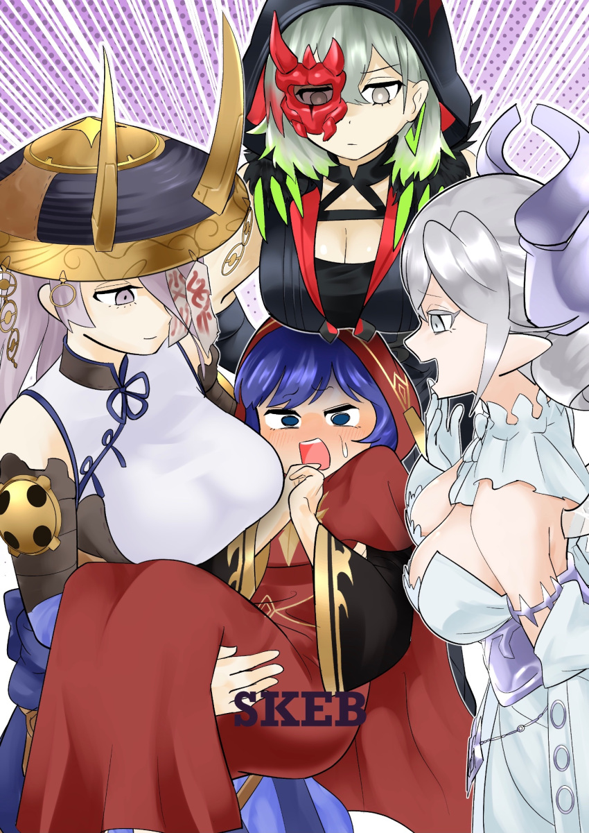 4girls blue_eyes blue_hair blush breast_conscious breasts carrying cleavage commentary commission demon_girl diabellstar_the_black_witch dress duel_monster fleurdelis_(yu-gi-oh!) grey_eyes grey_hair half_mask highres large_breasts lo_the_prayers_of_the_voiceless_voice looking_at_another lovely_labrynth_of_the_silver_castle mask medium_hair multiple_girls odd_one_out princess_carry red_robe robe sawan_cutman skeb_commission strapless strapless_dress surrounded talisman the_iris_swordsoul yu-gi-oh!