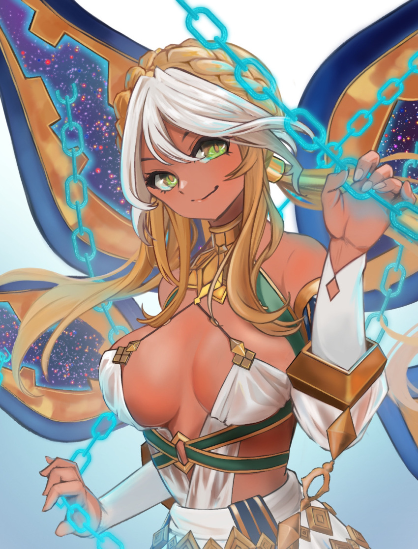 1girl andromeda_(fate) andromeda_(first_ascension)_(fate) armlet bare_shoulders belly_chain blonde_hair blush braid breasts chain cleavage closed_mouth collar crown_braid cuffs dark-skinned_female dark_skin detached_sleeves dress fate/grand_order fate_(series) gold_teeth green_eyes hair_ornament highres jaws jewelry large_breasts long_hair looking_at_viewer low_twintails metal_collar multicolored_hair shackles sidelocks smile solo twintails two-tone_hair white_dress white_hair yukiiro_b