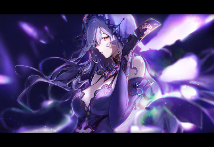 1girl bare_shoulders black_gloves black_swan_(honkai:_star_rail) breasts card commentary_request elbow_gloves gloves hand_up highres holding holding_card honkai:_star_rail honkai_(series) letterboxed long_hair medium_breasts purple_eyes purple_hair solo upper_body veil very_long_hair yohaku