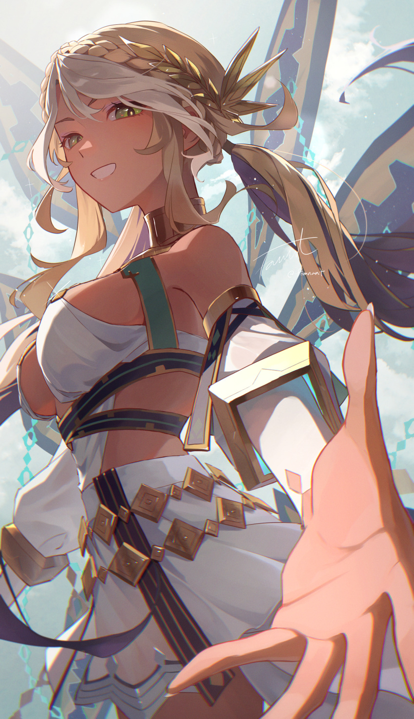 1girl absurdres andromeda_(fate) andromeda_(first_ascension)_(fate) armlet bare_shoulders belly_chain blonde_hair braid breasts chain cleavage collar crown_braid cuffs dark-skinned_female dark_skin detached_sleeves dress fate/grand_order fate_(series) fomnant gold_teeth green_eyes grin hair_ornament highres jaws jewelry large_breasts long_hair looking_at_viewer low_twintails metal_collar multicolored_hair outstretched_arm shackles short_dress sidelocks smile solo twintails two-tone_hair white_dress white_hair