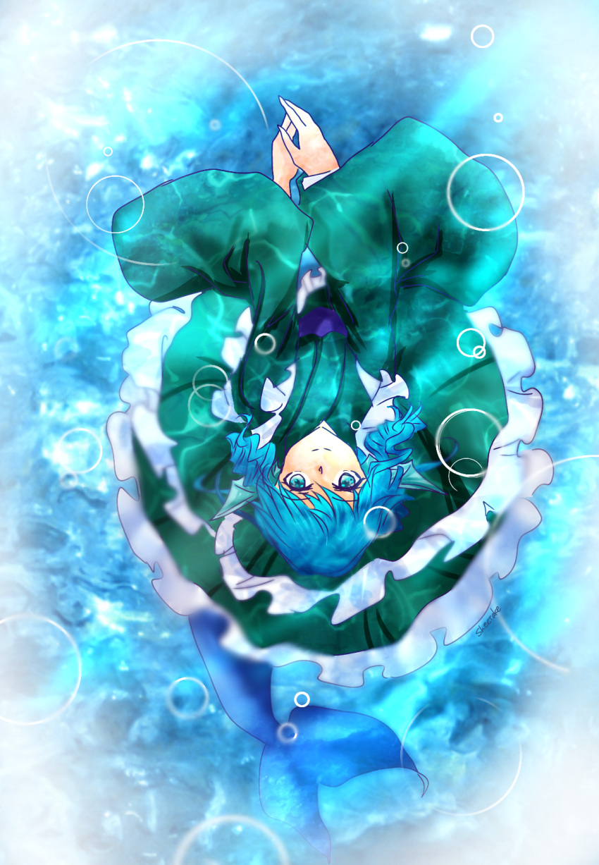 1girl blue_eyes blue_hair fins fish_tail green_kimono highres japanese_clothes kimono looking_at_viewer looking_up medium_hair mermaid monster_girl shee_take solo tail touhou wakasagihime water