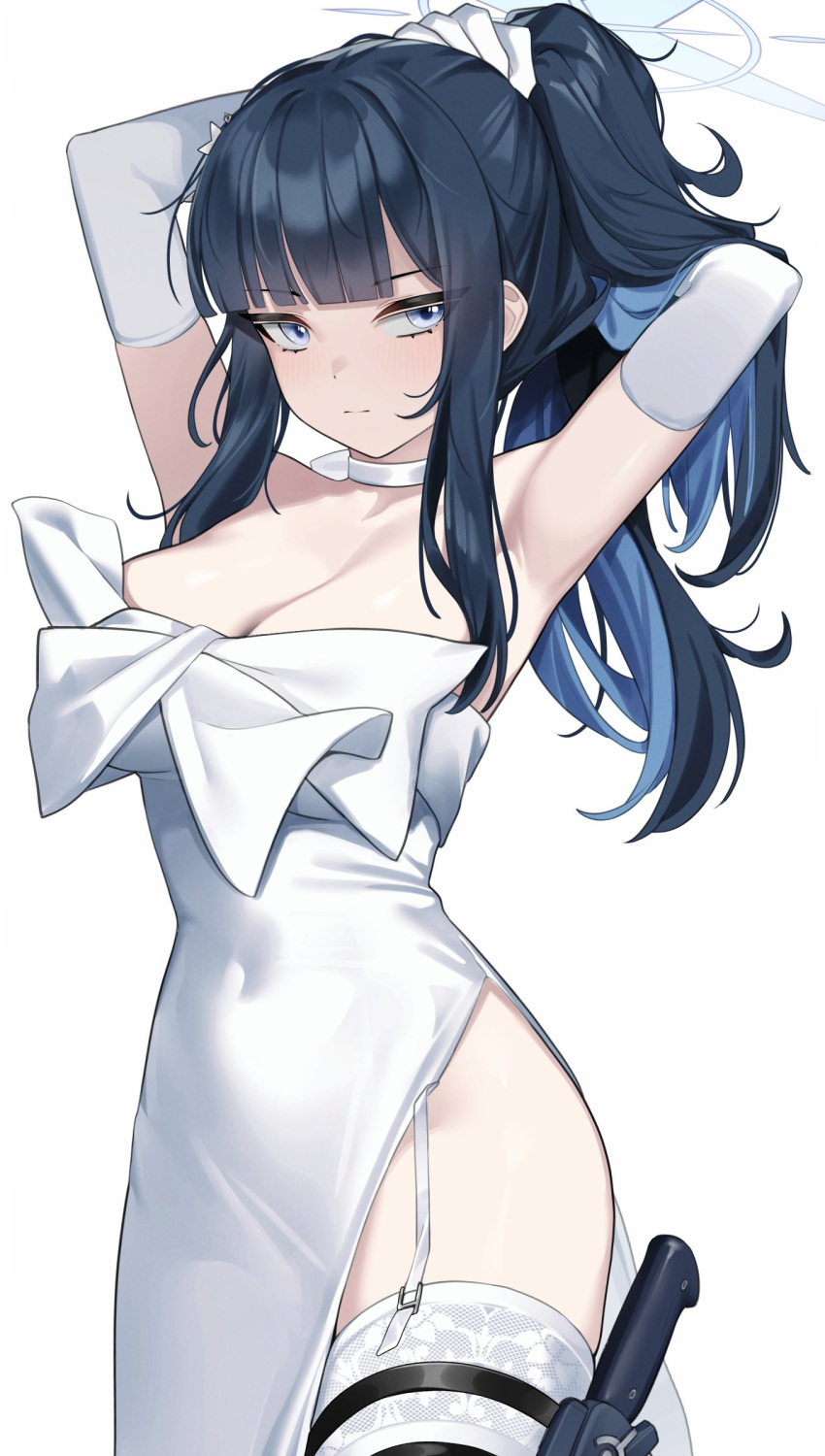 1girl absurdres armpits arms_up blue_archive blue_eyes blue_hair breasts choker cleavage commentary_request covered_navel cowboy_shot dress elbow_gloves garter_straps gloves highres large_breasts long_hair looking_at_viewer ponytail saori_(blue_archive) solo standing strapless strapless_dress thigh_strap thighhighs wakamepiza white_choker white_dress white_gloves white_thighhighs