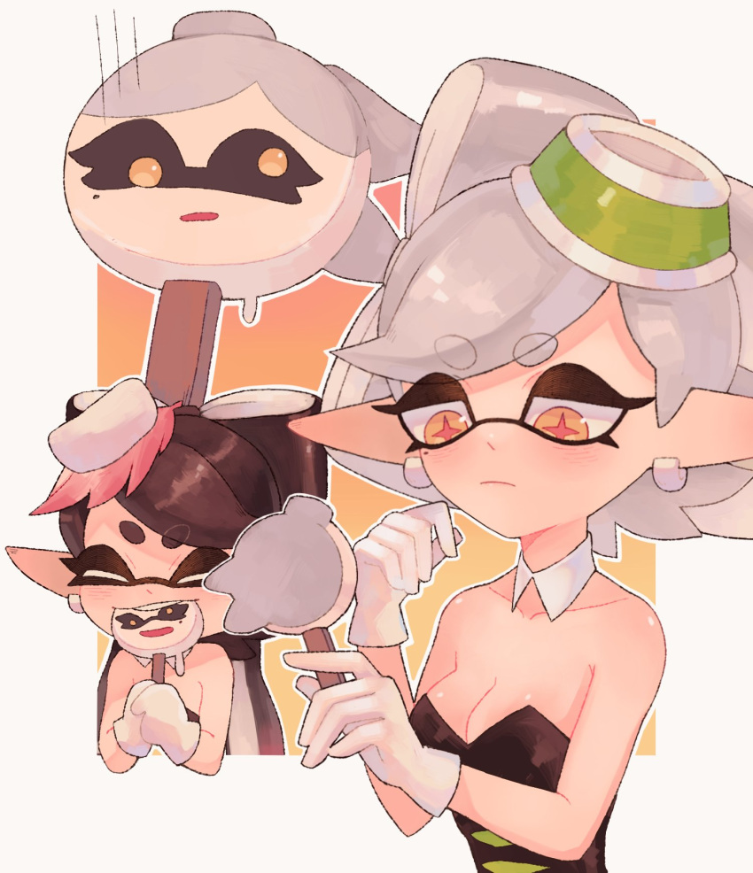 2girls a_very_happy_potato bare_arms bare_shoulders black_dress bow-shaped_hair breasts callie_(splatoon) cleavage collarbone cousins detached_collar dress earrings food food_in_mouth food_on_head gloves highres holding holding_food holding_popsicle hoop_earrings jewelry marie_(splatoon) mole mole_under_eye multiple_girls object_on_head pointy_ears popsicle popsicle_in_mouth short_dress short_ponytail splatoon_(series) strapless strapless_dress sushi swept_bangs tentacle_hair thick_eyebrows twintails white_gloves yellow_eyes