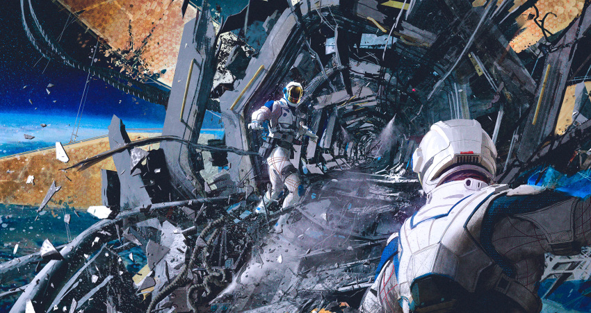 2others bodysuit broken_glass concept_art copyright_request debris destruction facing_another film_grain glass helmet highres joe_studzinski multiple_others outstretched_arms planet rubble science_fiction space space_helmet spacecraft spacesuit standing star_(sky) white_bodysuit wide_shot