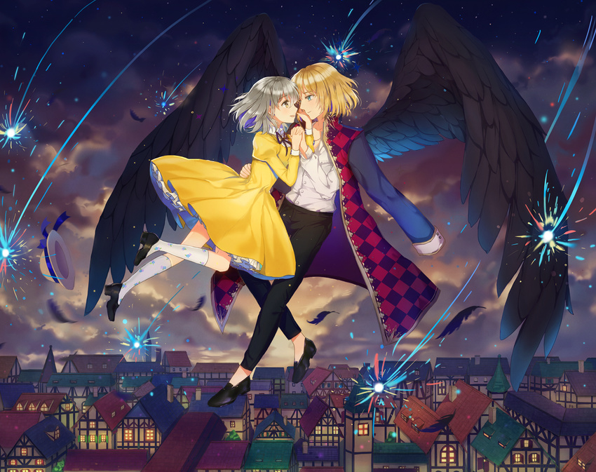 1girl bad_id bad_pixiv_id blonde_hair blue_eyes dangmill feathers fireworks hat hat_removed headwear_removed highres holding_hands howl_(howl_no_ugoku_shiro) howl_no_ugoku_shiro night night_sky silver_hair sky sophie_(howl_no_ugoku_shiro) studio_ghibli wings