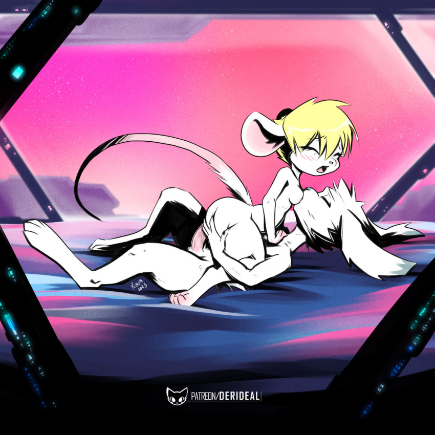 2023 amy_(derideal) bandi_(derideal) blonde_hair colored derideal detailed_background digital_drawing_(artwork) digital_media_(artwork) duo ears_down english_text eyes_closed female feral fluffy gasp genitals hair hand_on_butt hi_res icon kiaun kissing lagomorph leporid letters lights long_tail lying male male/female mammal mouse murid murine nude on_front penetration penis pink_sky pivoted_ears rabbit rodent science_fiction sex shaded signature sky star symbol tail teeth text tongue url window
