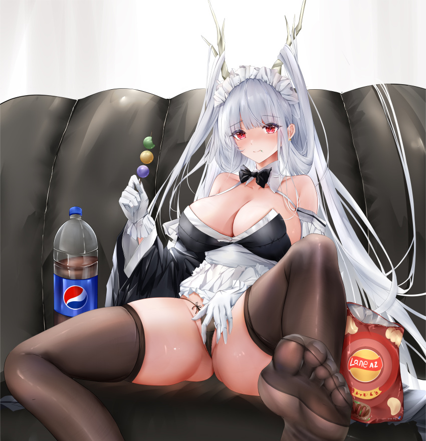 1girl absurdres apron apron_lift azur_lane between_legs black_panties blush brand_name_imitation breasts chips_(food) commentary_request couch curly_hair dango detached_collar detached_sleeves dragon_girl dragon_horns eating food food_on_face frilled_apron frilled_gloves frills gloves hair_on_horn hand_between_legs hand_on_own_crotch hand_up highres horns huge_breasts indoors iue_(artist) large_breasts leg_up legs long_hair long_sleeves looking_at_viewer maid_headdress no_bra no_pants on_couch panties potato_chips presenting red_eyes shimanto_(azur_lane) shimanto_(the_comfy_dragon_god)_(azur_lane) skindentation slit_pupils smile soda solo spread_legs string_panties suggestive_fluid thighhighs thighs underwear very_long_hair wagashi waist_apron white_apron white_gloves white_hair wide_sleeves