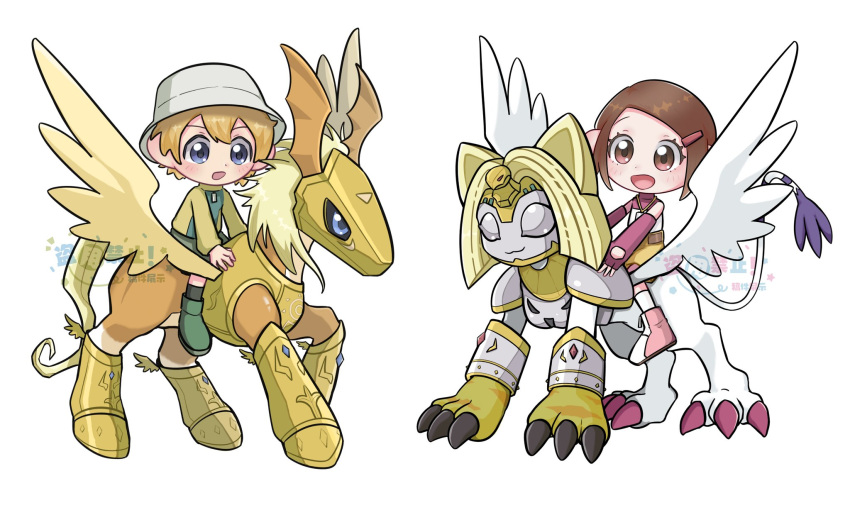 2boys 2girls animal_hands armor black_sclera blonde_hair blue_eyes blush brown_eyes brown_hair cat chibi colored_sclera digimon digimon_adventure_02 gloves hat highres multiple_boys multiple_girls nefertimon paw_gloves pegasmon pegasus pegasus_wings simple_background takaishi_takeru watermark white_background wings yagami_hikari yagi_kiki